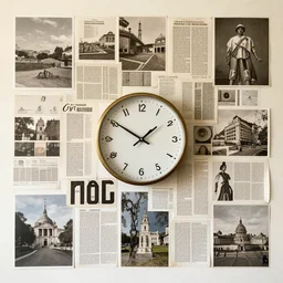 Assemblage art of a wall with a clock in it