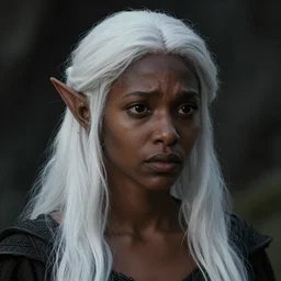 a face portrait of a dark female drow elf, pitchblack skin, naive, innocent, worried, young adult, long white hair, style by donato giancola, wayne reynolds, jeff easley dramatic light, high detail, cinematic lighting, artstation, dungeons and dragons