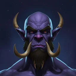 centralized head - on character portrait, violet - skin handsome orc barbarian, bald, tusks, stars and night background, alphonse mucha, rhads, ross tran, artstation, artgerm, octane render, 1 6 k