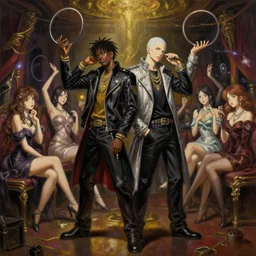 baroque oil painting anime key visual character full body portrait concept art, two hip hop artist one black with short dreadlocks the other white and bald,, designer clothes on, in a club surrounded by beautiful girls, throwing circles in the air, grimdark fantasy, trending pixiv fanbox, rule of thirds golden ratio, by greg rutkowski makoto shinkai takashi takeuchi studio ghibli