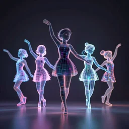 silhouettes of dancing holographic girls, futuristic, in the style of Pixar animation, very low angle view, 16mm lens, award winning, hyper detailed, dramatic lighting, artstation, octane renderer, unreal engine