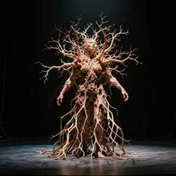skin encrusted with rhizomatic pattern growing out of body into immediate liminal space, 35mm double exposure, dramatic performance stage