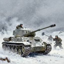 greg manchess painting of a tank fight in the world war two in winter with a heavy snow storm, painting, trending on artstation, by huang guangjian and gil elvgren and sachin teng