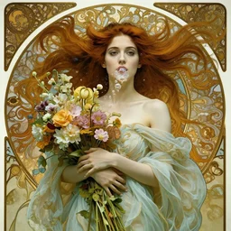 closeup portrait of a beautiful mysterious woman wearing flowing gown, holding a bouquet of flowers, flowing hair, underwater, bubbles from the mouth, fantasy, regal, intricate, art nouveau, swirly intricate linework background by stanley artgerm lau, greg rutkowski, thomas kinkade, alphonse mucha, loish, norman rockwell