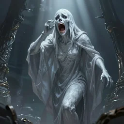 a roaring and crying ghost, tall, silver skin, illustration, cinematic lighting, 8 k, d & d, frostbite 3 engine, cryengine, dof, artstation, intricate, digital art, crepuscular ray, art by tsuyoshi nagano, greg rutkowski, artgerm, alphonse mucha