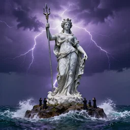 gigantic marble statue of the goddess of the sea wielding a trident on an island. roiling waves at the base. scene lit by lightning. thunderclouds in the background. fantasy setting. magicians praying to the statue. purples and greens. fantasy aesthetic. extremely detailed. 4 k