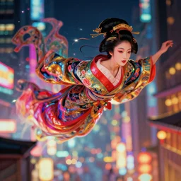 semi semi realistic digital painting!! beautiful geisha flying over a colorful city, dramatic, xray melting colors!!, long lens, shallow depth of field, bokeh, anamorphic lens flare, 8 k, hyper detailed, 3 5 mm film grain
