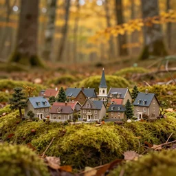 dream a miniature village in a forest, moss, autumn, warm colors, photography, depth of field