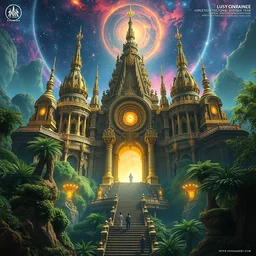 the temple of transcendence highly ornate, metaphysical utopia, stargate portal, parallax poster composition, galaxy background, peter mohrbacher, high details, secondary colours, 3 d artstation, artgerm, 3 d octane render, hyper realistic ornate architecture, lush jungle, atmosphere, dramatic lighting, epic composition, by miyazaki, nausicaa ghibli