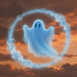 digital character illustration of a wispy blue ghost made of clouds circling through a dramatic stormy orange sky at sunset, trending on artstation, digital art ( by joseph meehan ) ( by victor adame ) ( by anna steinbauer )
