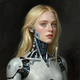 a striking hyper real illustration of Elle Fanning with cybernetics by John Tenniel