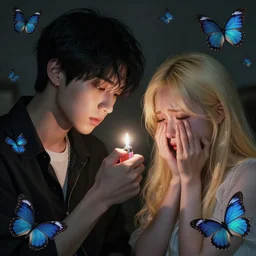 harmony of butterfly, mute, neon light language, ( black haired yoongi holding a lighter & blonde jimin crying ) by wlop, james jean, victo ngai, beautifully lit, muted colors, highly detailed, fantasy art by craig mullins, thomas kinkade