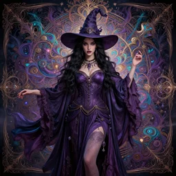 beautiful witch, hyper detailed, flowing psychadelic background intricate and detailed, ornate 8 k gorgeous intricate detailed, octane render