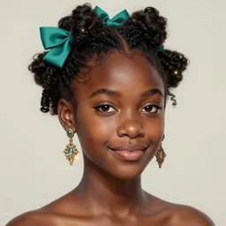 portrait of shy black girl, realistic, bantu knots, pointy nose, lanky, smile, nerdy, defined jawline, big chin, teal hair bow, earrings, intricate, elegant, glowing lights, highly detailed, digital painting, artstation, sharp focus, illustration, complimentary colors, art by wlop, mars ravelo and greg rutkowski