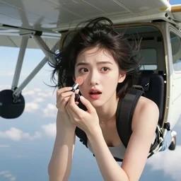 still photo, young woman, falling from plane, scared face, camera view from beneath the person, putting makeup on