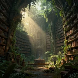 a decaying old futur library with a rainforest growing inside highly detailed intricate detail magical lighting dramatic scenery beautiful 3 d render dramatic lighting, sunrise, global illumination, trending on artstation, bloom