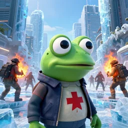 foreground detailed, pepe the frog wearing clothes of the resistance'; mid scene rioters & d'umpster with fire inside'background dramatic, detailed cyberpunk megacity full of ice skyscrapers ice, sunny, hyperrealistic, detailed,, unnaturally beautiful captures the essence of translucency, unrealengine, 8 k