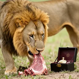 lion eating raw meat and a poison box