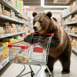 A brown bear pushes a shopping cart in a grocery store