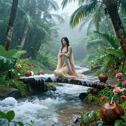 monsoon on tropical island, beautiful oriental girl, ornate, beautiful, atmosphere, vibe, mist, coconuts, rain, wet, pristine, puddles, melting, dripping, snow, creek, lush, ice, bridge, forest, roses, flowers, by stanley artgerm lau, greg rutkowski, thomas kindkade, alphonse mucha, loish, norman rockwell