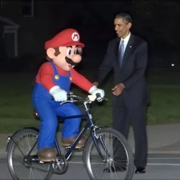 low resolution, bad quality, nightfootage security cam footage of cursed mario stealing a bicycle from barack obama, grainy, low res