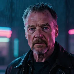 Walter White close up film still from Blade Runner 2049, beautiful lighting, raining, neon lights, cinematic depth, ultra sharp