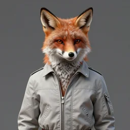 hyperdetailed anthropomorphic fox wearing a pale gray flight jacket, highly detailed portrait, unreal engine, photorealism, digital painting, sharp focus illustration, artstation hq. intricate, elegant, medium shot, art by philippe druillet