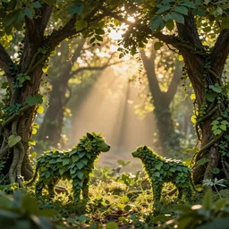 animals made of leaves trees and vines, sunset magic hour backlit photography, bokeh