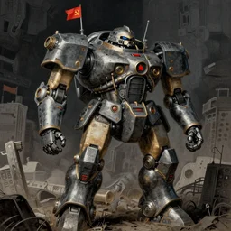 Soviet mechs in the style of Norman Rockwell, sci-fi illustrations, highly detailed, intricate, photorealistic, award-winning, patriotic, soviet, ussr, dark, gritty, ink