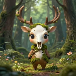 cute chibi forest spirit standing in the woods, deer skull, moss covered, branch antlers, vines and flowers, high detail, cinematic lighting, anime, manga,