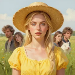 blond dafne keen symetrical portrait with straw hat and yellow dress, meadow background, highly detailed, digital painting, artstation, concept art, sharp focus, illustration, art by aleksi briclot and greg rutkowski and raphael lacoste and magali villeneuve