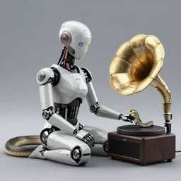 cyborg sitting Infront of snake who's getting into gramophone, high quality image, 3Drender, long shot denoise