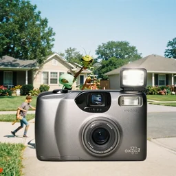1 9 9 3, disposable camera, flash, insect alien chasing people in suburbia