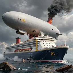 an immense McDonald's brand oceanliner cruise ship with giant golden arches logo crashed a broken on a deserted island, huge airship like the hindenberg docked to a nearby tower, smoke stacks billowing thick black smoke, dystopian bad vibes, fast food restaurant color scheme, photorealistic, intense clouds, octane render, sharp focus