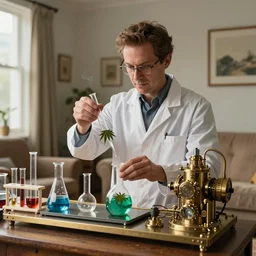 caricature portrait of australian mad scientist making a cannabis science experiment in controlled environment in someone's lounge room, luxury beakers and steampunk equipment, caustics, glassware, natural sunlight, cinematic, octane render 8 k trending on artstation