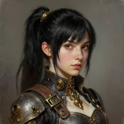 a _ fantasy _ style _ portrait _ painting _ of steampunk woman, ponytail black hair, round face, rpg dnd oil _ painting _ unreal _ 5 _ daz. _ rpg _ portrait _ extremely _ detailed _ artgerm _ greg _ rutkowski _ greg