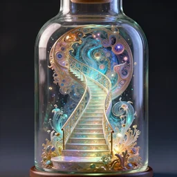 magical staircase inside a glass bottle, photorealistic, stunning, beautiful, breathtaking, reflections, bio - luminescence, fantasy, hyper - realistic, unreal engine, pattern, fractal, highly detailed, deep focus, elegant, digital painting, smooth, sharp focus, illustration, ultra realistic, 8 k, art by artgerm and greg rutkowski and alphonse mucha