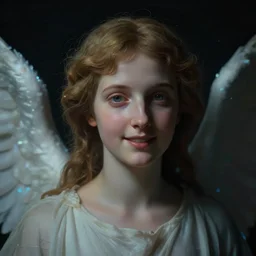 of a portrait of a guardian angel with the focus on the face with a subtle joyful facial expressions, Neo classical art fused with neo cyberpunk technological aesthetics. low key light, Rembrandt lighting