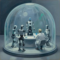 robotic scientists in a dome - shaped control center, blue, teal, gray, black, grant wood, pj crook, edward hopper, oil on canvas