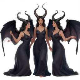 illustration studio portrait of three beautiful dark bat winged seraphim female energies with fibonacci spiral hornes, in artistic poses in nature, monet painterly motives and textures pattern, hyper detailed, octane render, vivid colors, artstation, by jeremy mann, by alphonse mucha, by monet