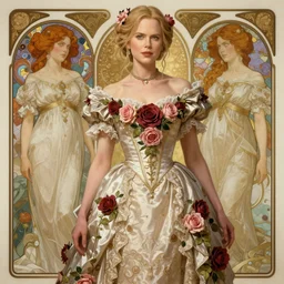 Nicole Kidman dressed in a victorian roses dress fashion, D&D, fantasy, intricate, elegant, highly detailed, digital painting, artstation, concept art, matte, sharp focus, illustration, art by Artgerm and Greg Rutkowski and meredit frampton and Alphonse Mucha