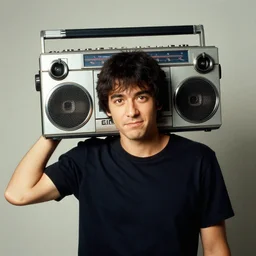a vintage photo of a man with a boombox instead of a head