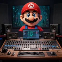 Anime Musician, Mario Brothers style Studio Recording Setup, Streaming, Live, Professional Recording Equipment, Dark, Horror, detailed, centered, digital painting, artstation, concept art, donato giancola, Joseph Christian Leyendecker, WLOP, Boris Vallejo, Breathtaking, 8k resolution, extremely detailed, beautiful, establishing shot, artistic, hyperrealistic, beautiful face, octane render, cinematic lighting, dramatic lighting, masterpiece