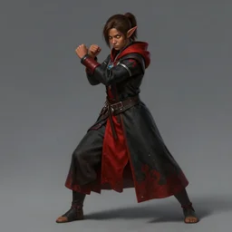 beautiful teenager female half elf monk, full body black and red longcoat, fist training, detailed face, brown hair, short ponytail, golden eyes, brown skin, high fantasy, dnd, extremely detailed, matte painting, by artgerm