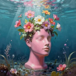 a surreal vaporwave vaporwave vaporwave vaporwave vaporwave painting by Thomas Cole of an old pink mannequin head with flowers growing out, sinking underwater, highly detailed, caustics, sunrays, 8k hyperdetails