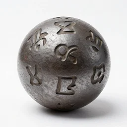 an iron ball with weird symbols engraved on it. the ball is on a pedestal. the light enter the room by a hole in the ceiling. wide shot