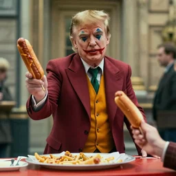 a Film still of Donald trump selling hotdogs in the new joker movie, 4k