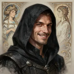 portrait of a male tiefling wearing a black hood, smiling, D&D, fantasy, intricate, elegant, highly detailed, digital painting, artstation, concept art, smooth, sharp focus, illustration, art by artgerm and greg rutkowski and alphonse mucha