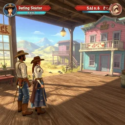 screenshot of gameplay dating simulator game set in 1 8 4 6, interior of old west saloon, featuring african american and japanese cowboys and cowgirls in ghost town with buildings painted bright pastel colors, morning light with mountains in the background
