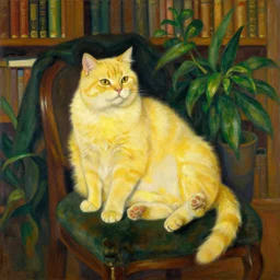 vintage beautiful painting of a fat yellow cat in a beautiful library with plants in mary cassatt style